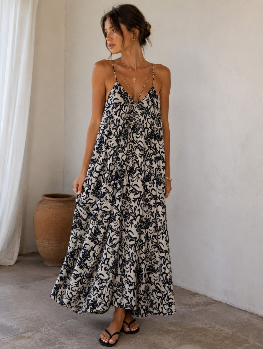 White & Black Beachy Goddess Open Back Maxi Dress